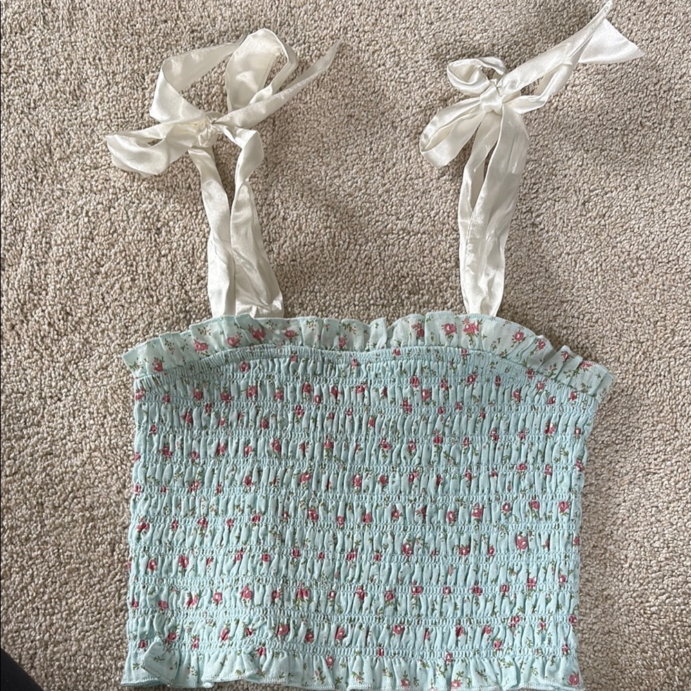 Girls Katie J NYC Floral Smocked Top with Ribbon Straps